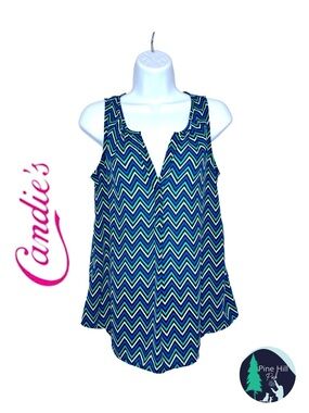 Candies Sleeveless Blouse Tank Sz Small Striped Chevron Green Blue V-Neck Flowy
